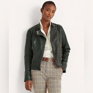 Lauren Ralph Lauren Moto Biker Women Tumbled Leather Jacket in Deep Pine